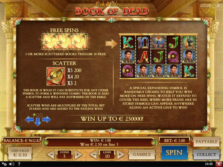 Book of Dead paytable — official game image
